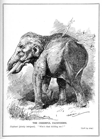 Lloyd George, retratado como un elefante, no presta atención a las críticas de la prensa, abril de 1919 de Leonard Raven Hill